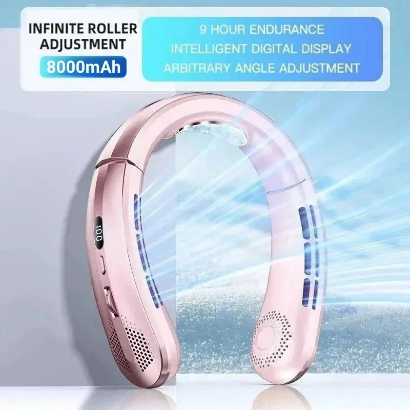 8000mAh USB Hanging Neck Fan Portable Bladeless Mini Rechargeable Mute LED Digital Display Electric Air Cooler Handheld