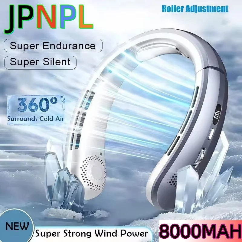 8000mAh USB Hanging Neck Fan Portable Bladeless Mini Rechargeable Mute LED Digital Display Electric Air Cooler Handheld