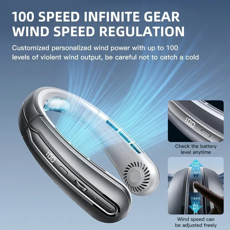 8000mAh USB Hanging Neck Fan Portable Bladeless Mini Rechargeable Mute LED Digital Display Electric Air Cooler Handheld