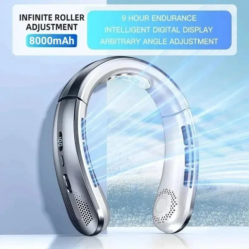 8000mAh USB Hanging Neck Fan Portable Bladeless Mini Rechargeable Mute LED Digital Display Electric Air Cooler Handheld
