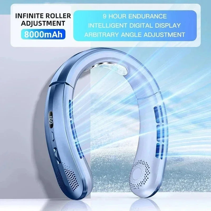 8000mAh USB Hanging Neck Fan Portable Bladeless Mini Rechargeable Mute LED Digital Display Electric Air Cooler Handheld